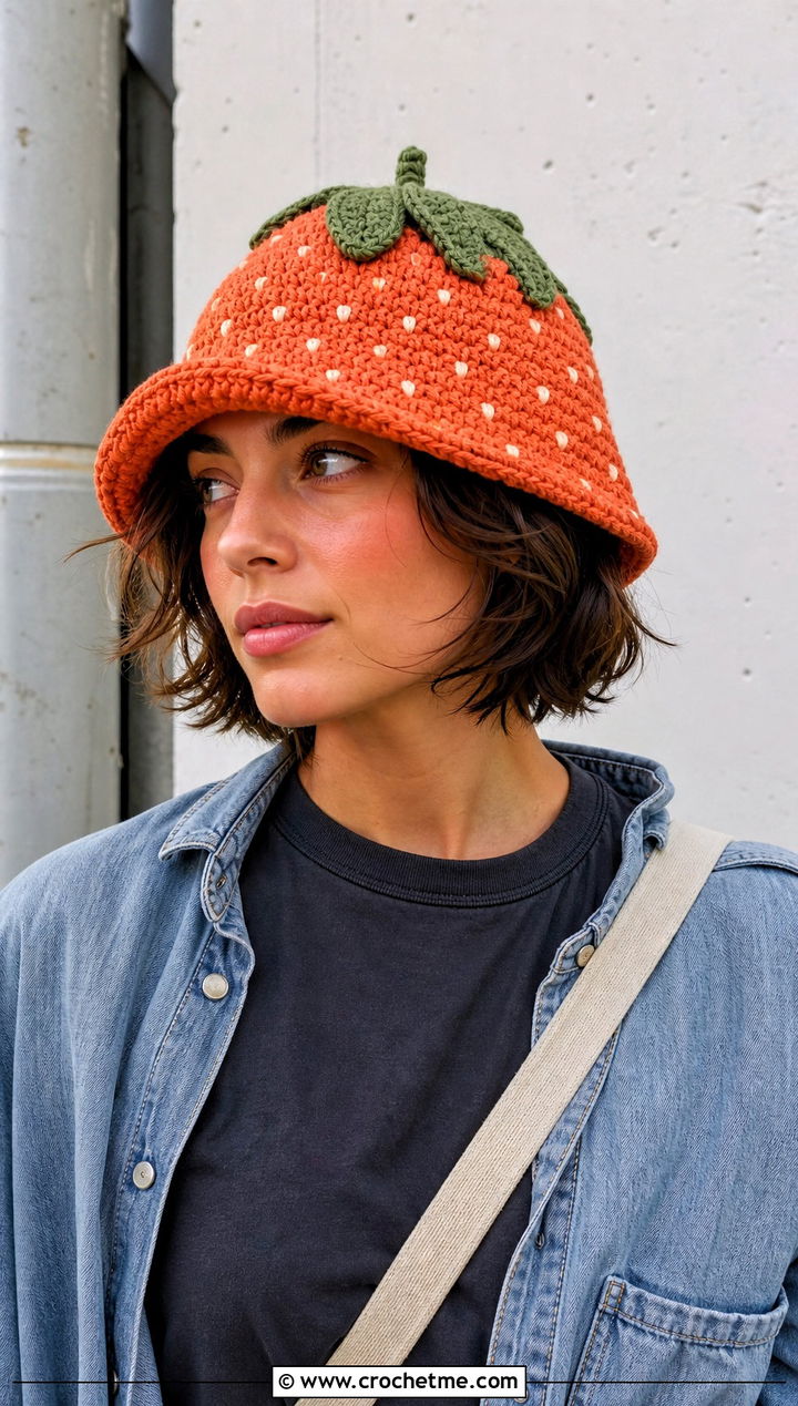 Strawberry Crochet Fisherman Hat With Cargo Pants - 30 strawberry crochet hat outfit ideas