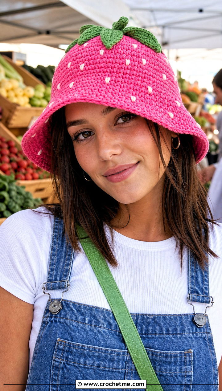 Strawberry Crochet Fruit Bucket Hat With Denim Overalls - 25 crochet fruit bucket hat outfit ideas