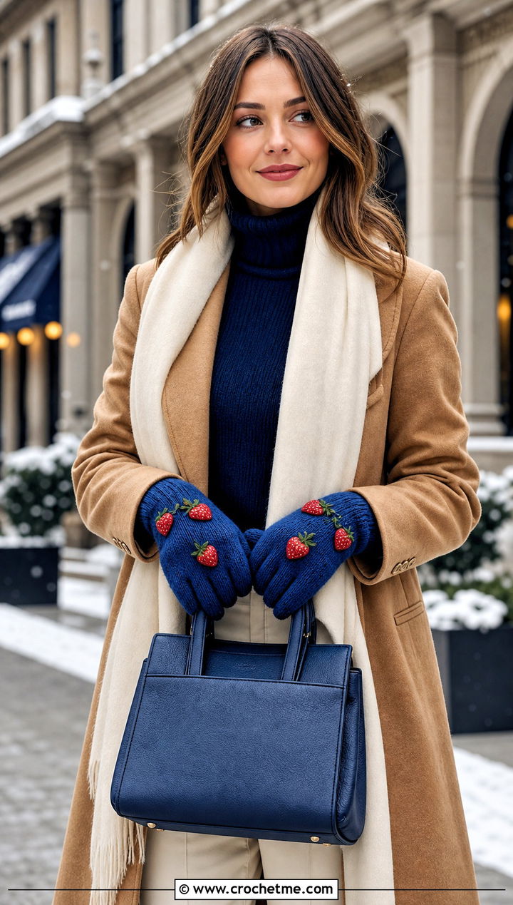 Strawberry Crochet Full Finger Gloves With Wool Coat - 25 Strawberry Crochet Gloves outfit ideas