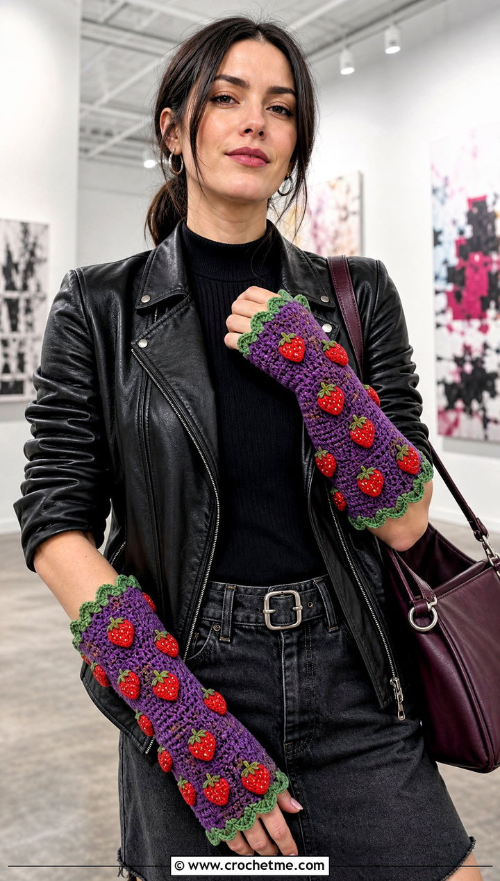 Strawberry Crochet Gauntlet Gloves With Leather Jacket - 25 Strawberry Crochet Gloves outfit ideas