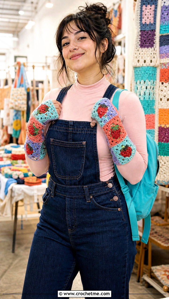 Strawberry Crochet Granny Square Gloves With Overalls - 25 Strawberry Crochet Gloves outfit ideas