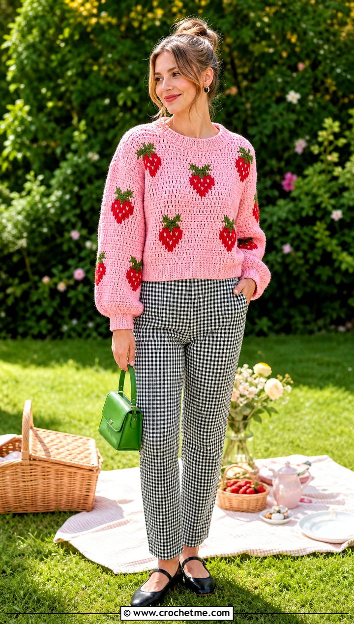 Strawberry Crochet Graph Sweater With Gingham Pants - 30 crochet graph sweater outfit ideas