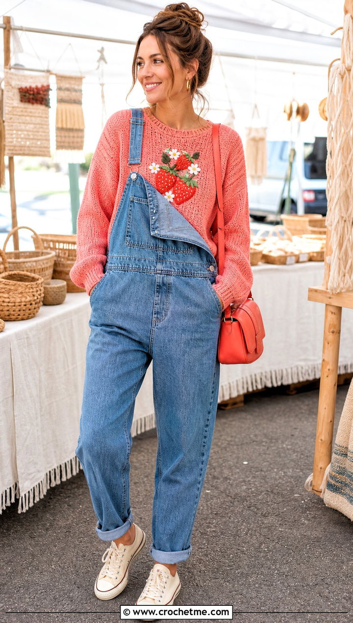 Strawberry Crochet Graphic Sweater With Denim Overalls - 30 crochet graphic sweater outfit ideas