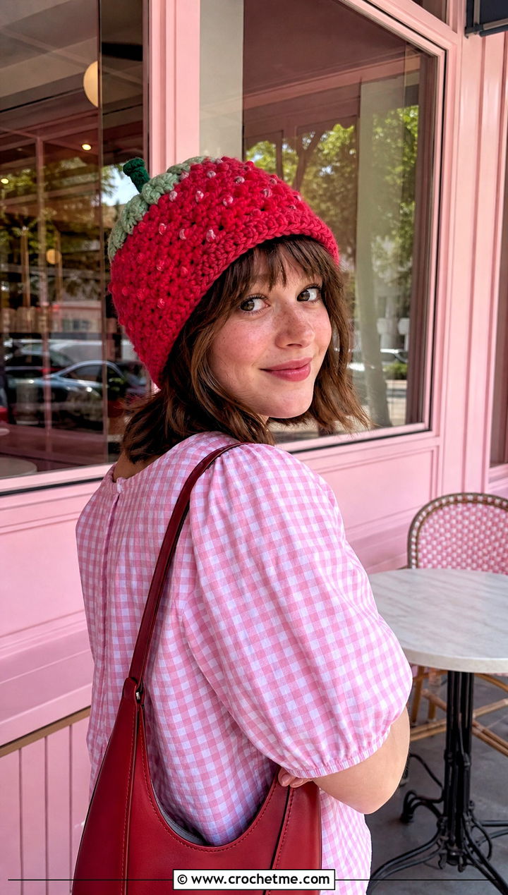 Strawberry Crochet Hat With Gingham Blouse - 20 Kawaii Crochet Hat outfit ideas