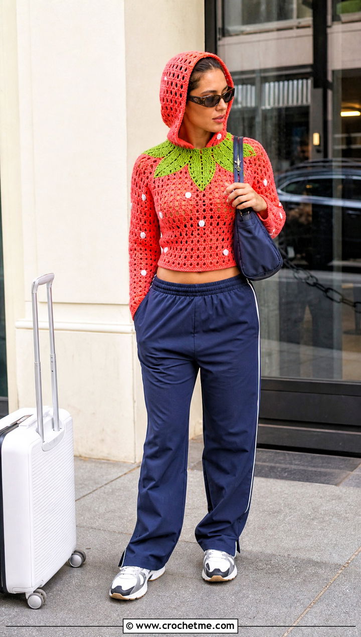 Strawberry Crochet Hoodie Top With Track Pants - 25 Crochet Strawberry Top outfit ideas