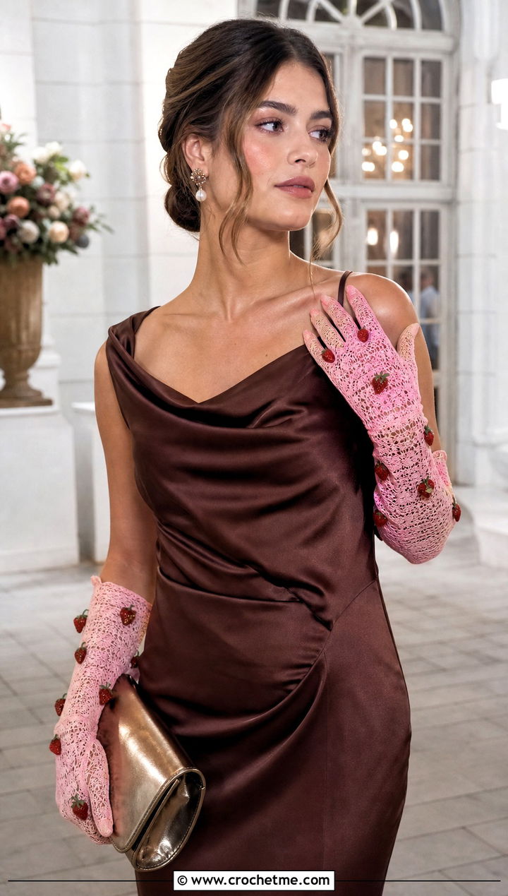 Strawberry Crochet Lace Gloves With Satin Dress - 25 Strawberry Crochet Gloves outfit ideas