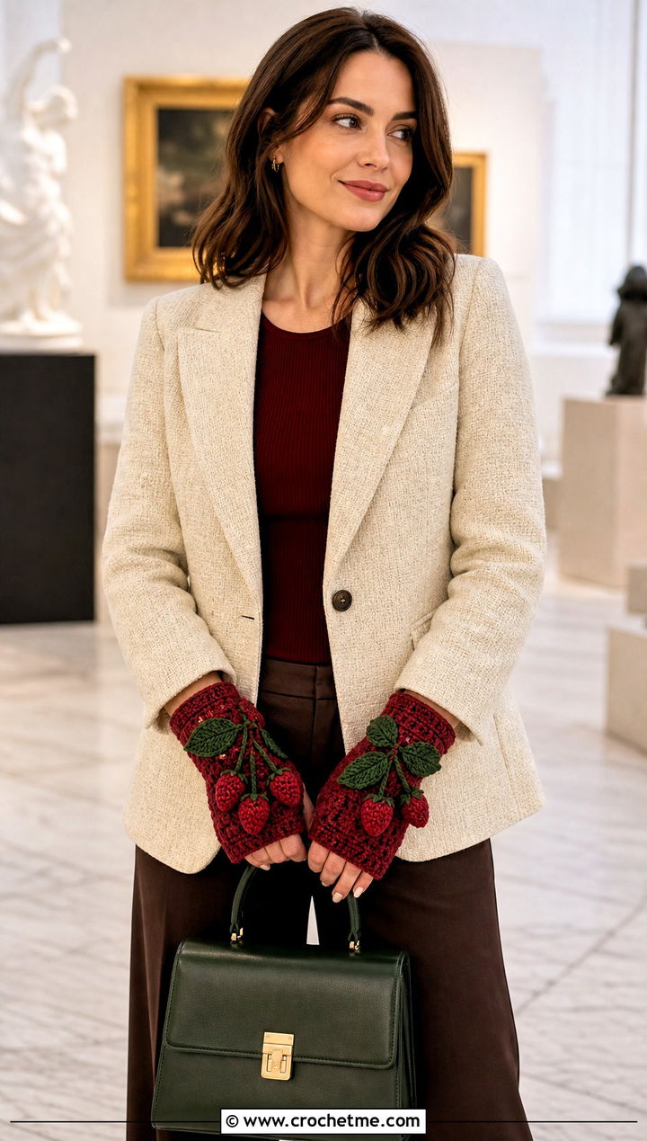 Strawberry Crochet Leaf Cuff Gloves With Tweed Blazer - 25 Strawberry Crochet Gloves outfit ideas