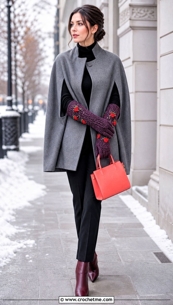 Strawberry Crochet Long Cuff Gloves With Cape Coat - 25 Strawberry Crochet Gloves outfit ideas