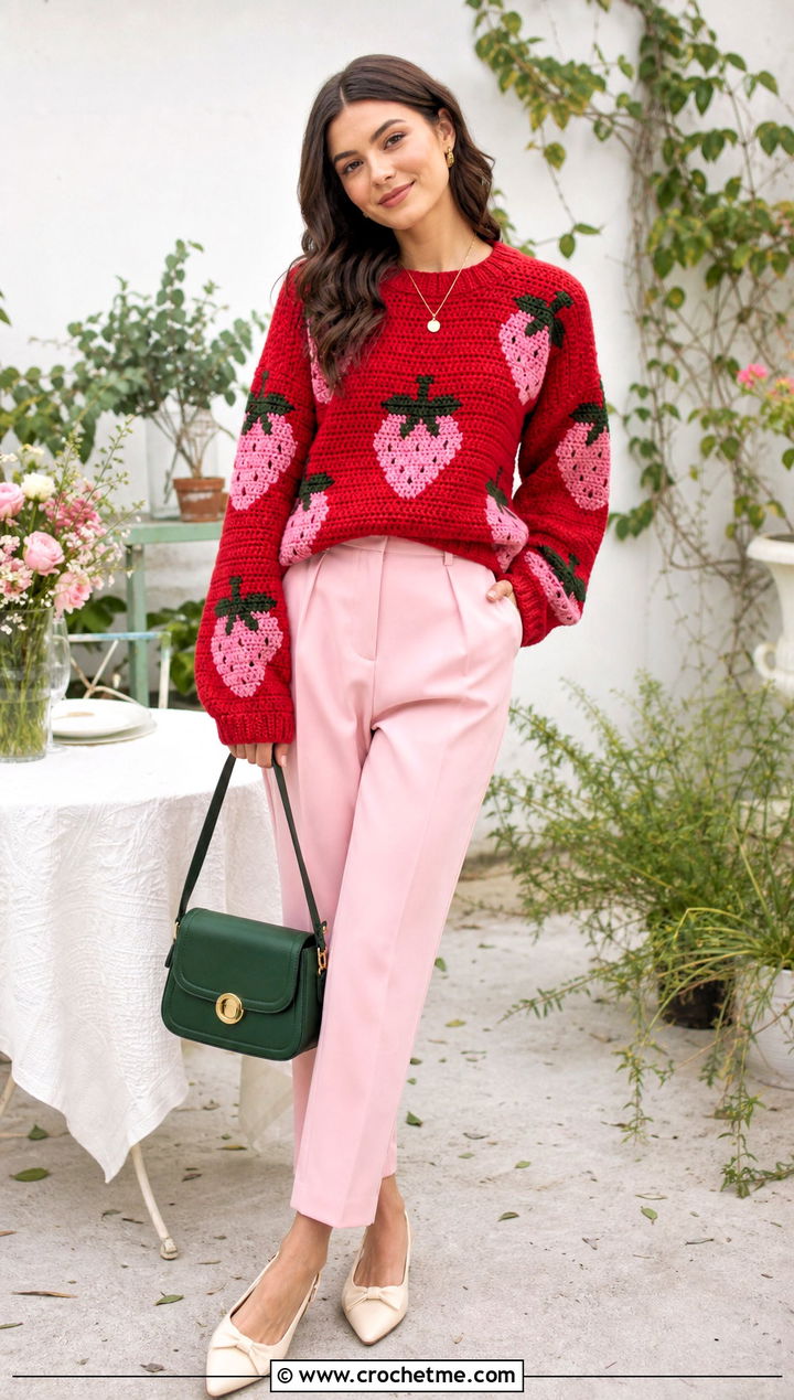 Strawberry Crochet Mabel Pines Sweater With Pink Trousers - 30 crochet mabel pines sweater outfit ideas