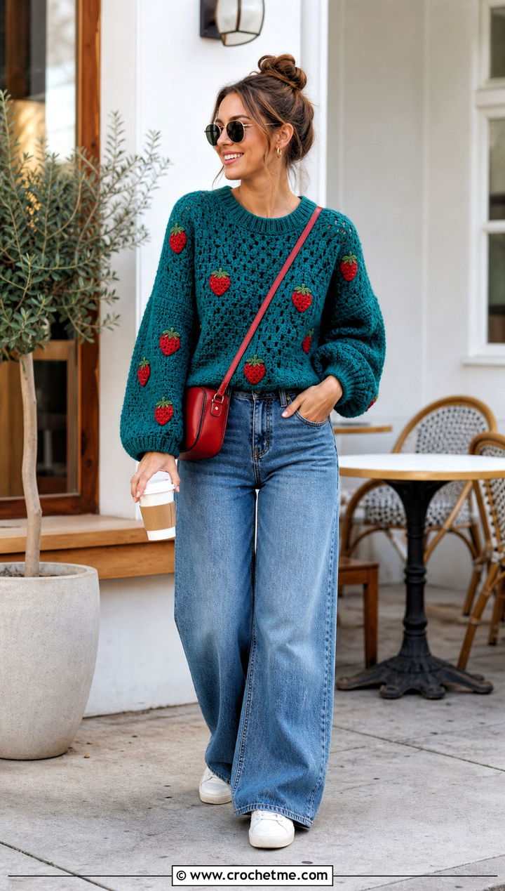 Strawberry Crochet Mabel Sweater With Wide Leg Jeans - 35 crochet mabel sweater outfit ideas