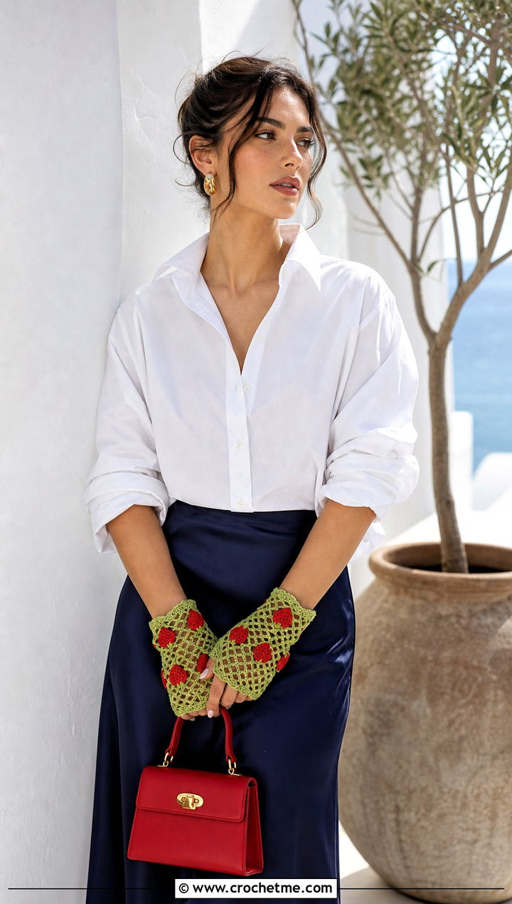 Strawberry Crochet Openwork Gloves With Maxi Skirt - 25 Strawberry Crochet Gloves outfit ideas