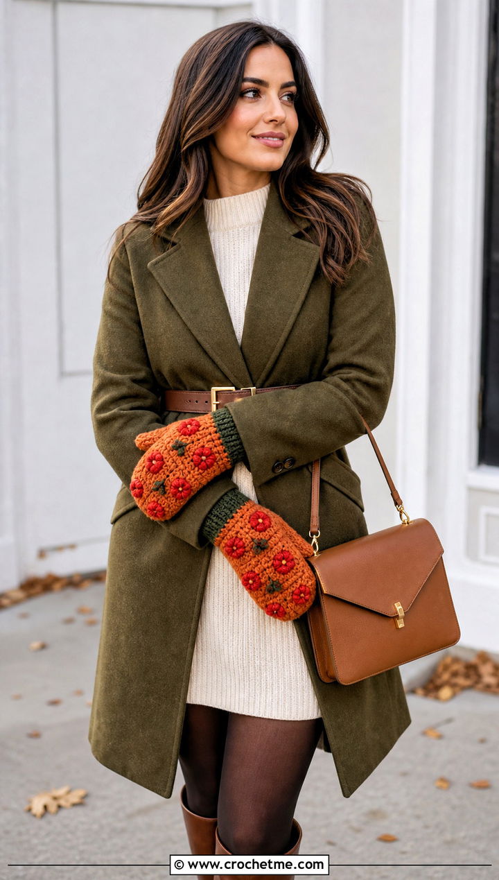 Strawberry Crochet Puff Stitch Gloves With Sweater Dress - 25 Strawberry Crochet Gloves outfit ideas