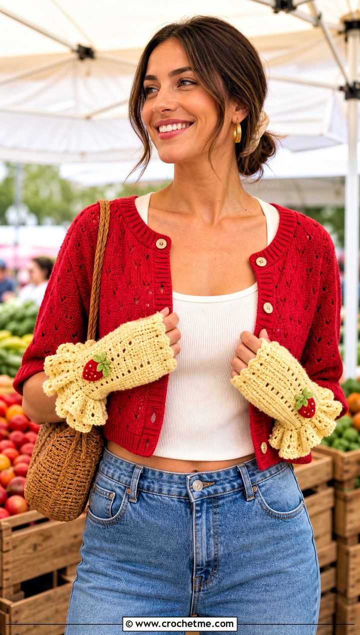 Strawberry Crochet Ruffle Gloves With Cardigan And Jeans - 25 Strawberry Crochet Gloves outfit ideas