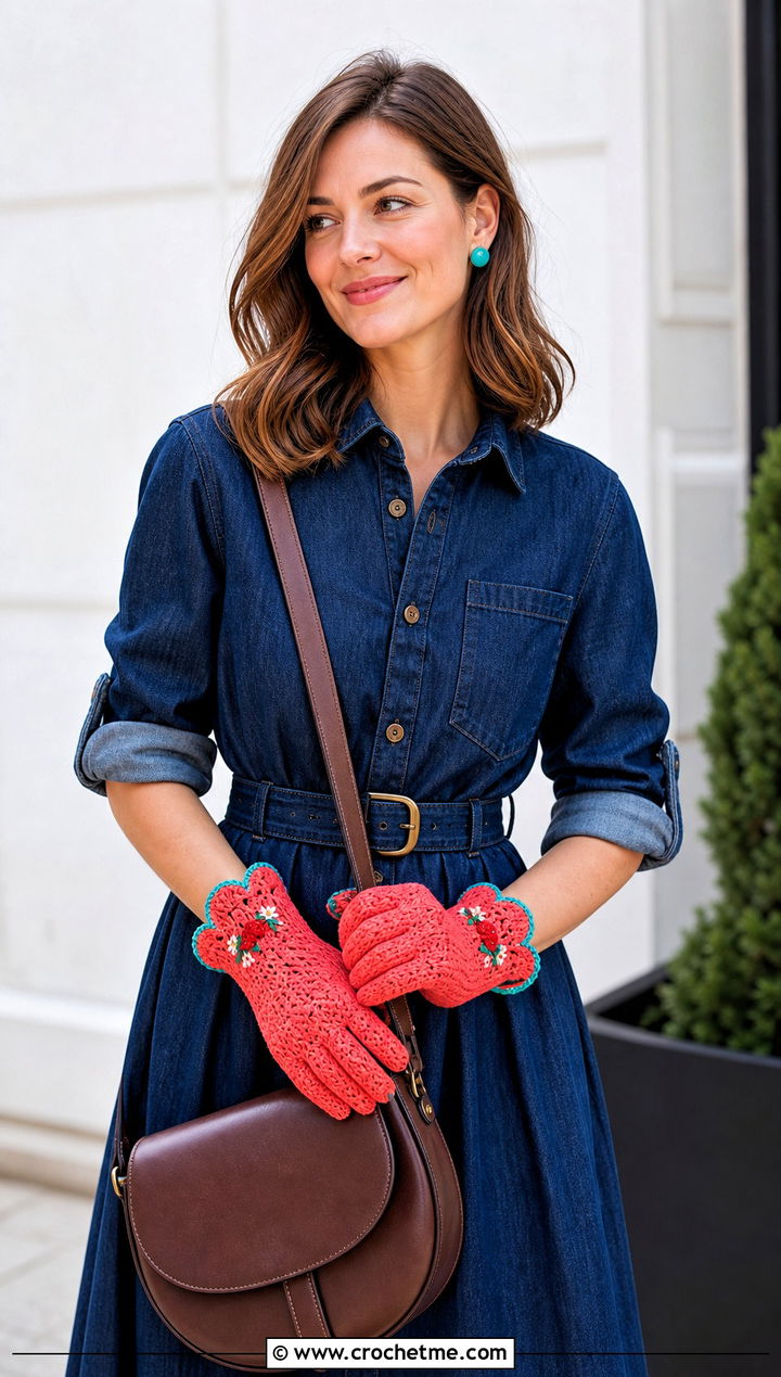 Strawberry Crochet Scalloped Gloves With Denim Dress - 25 Strawberry Crochet Gloves outfit ideas