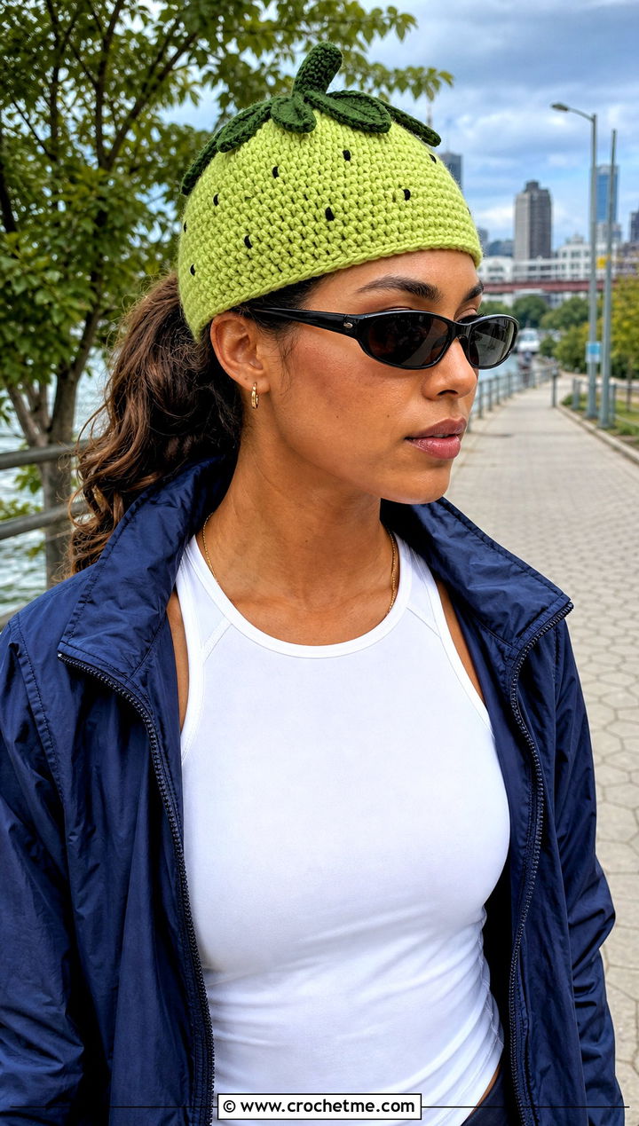 Strawberry Crochet Skullcap With Sporty Layers - 30 strawberry crochet hat outfit ideas
