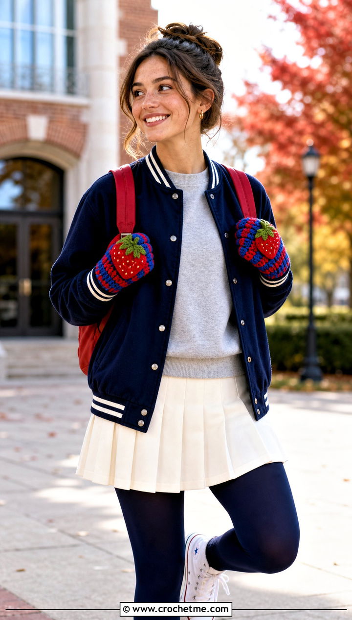 Strawberry Crochet Striped Gloves With Varsity Jacket - 25 Strawberry Crochet Gloves outfit ideas