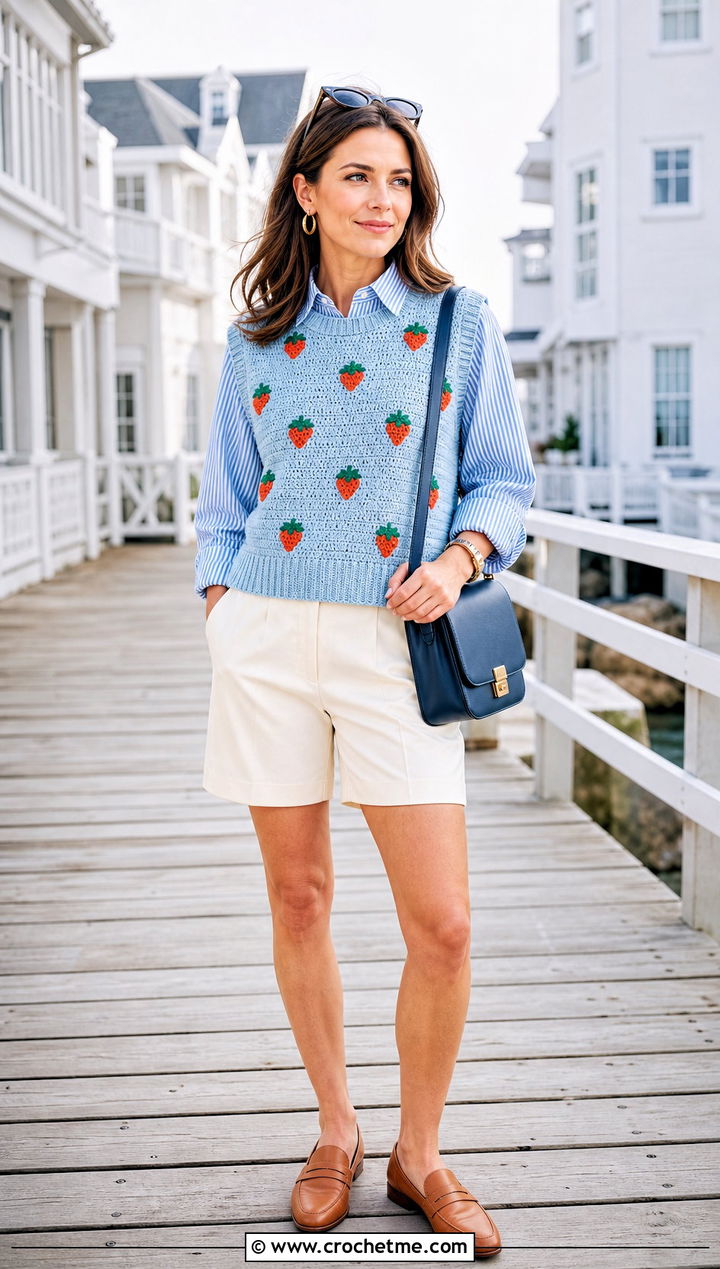 Strawberry Crochet Sweater Vest With Striped Shirt And Shorts - 15 Strawberry Crochet Sweater outfit ideas