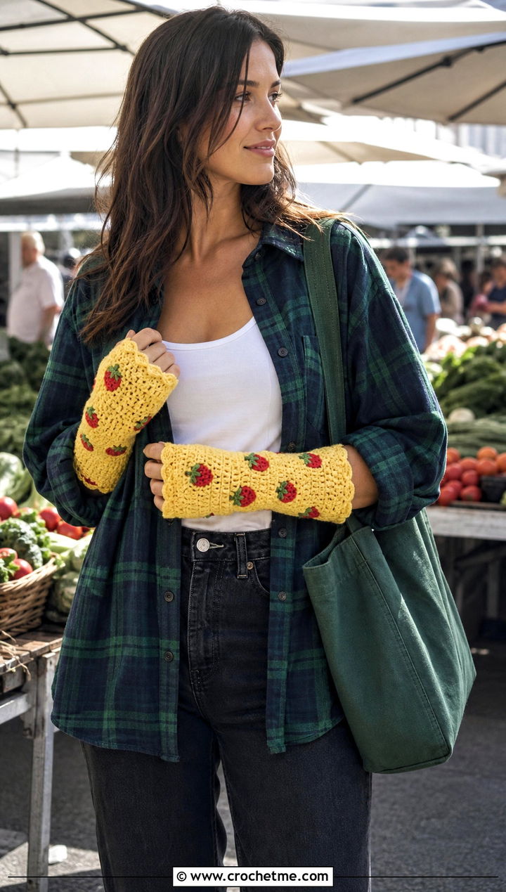 Strawberry Crochet Thumbhole Gloves With Plaid Shirt - 25 Strawberry Crochet Gloves outfit ideas