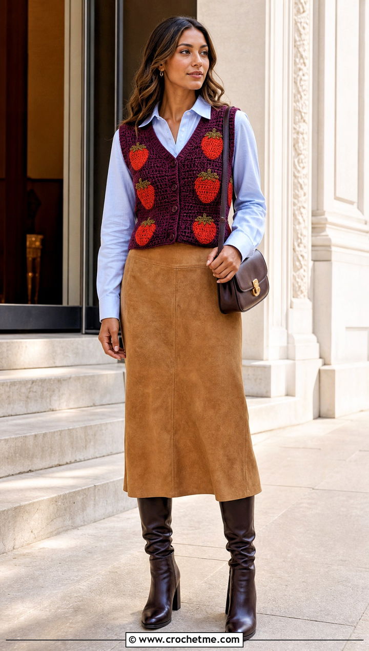 Strawberry Crochet Vest Top With Suede Midi Skirt - 25 Crochet Strawberry Top outfit ideas