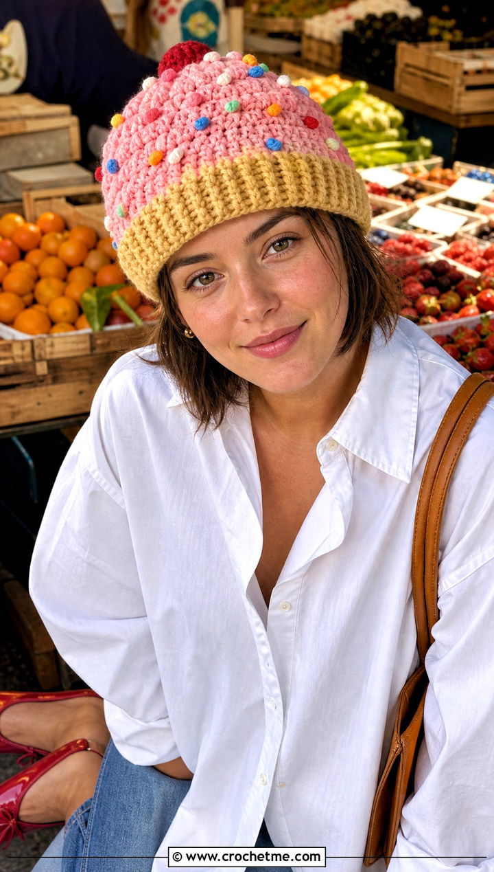 Strawberry Frosting Cupcake Crochet Hat With White Shirt - 25 cupcake crochet hat outfit ideas