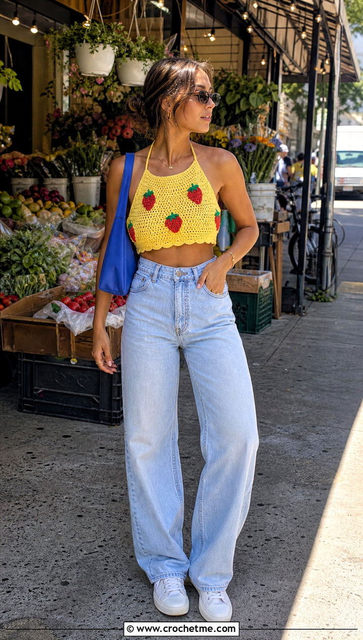 Strawberry Halter Crop Top With Wide Leg Jeans - 25 Crochet Strawberry Top outfit ideas