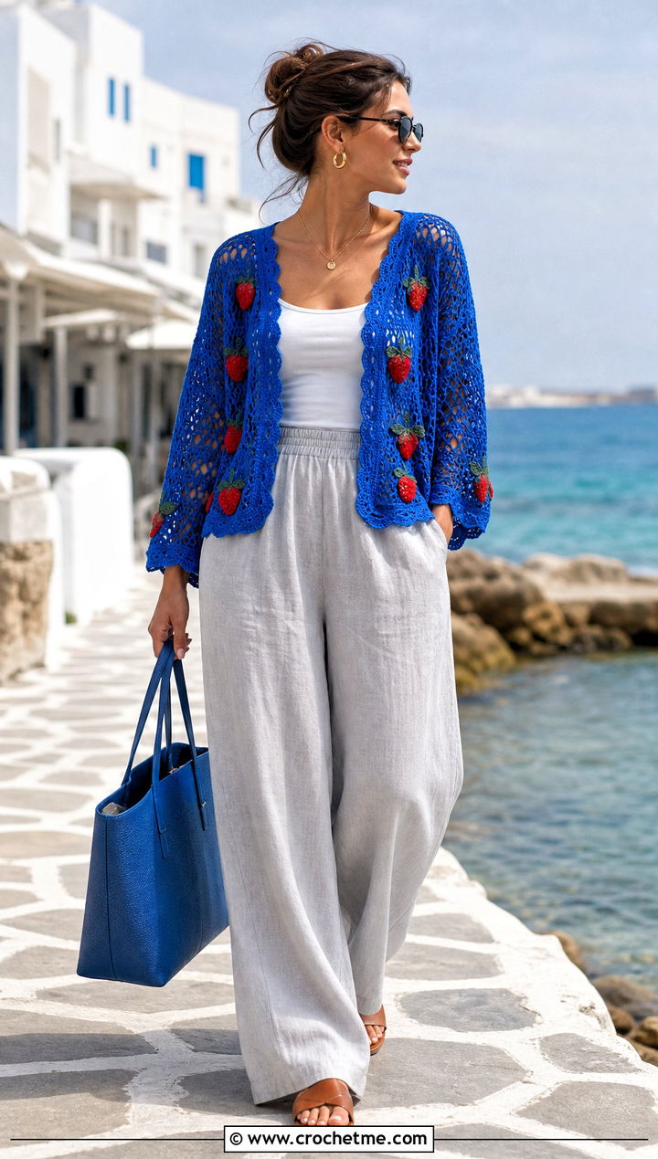 Strawberry Lace Cardigan With Wide Leg Linen Pants - 35 crochet strawberry cardigan outfit ideas