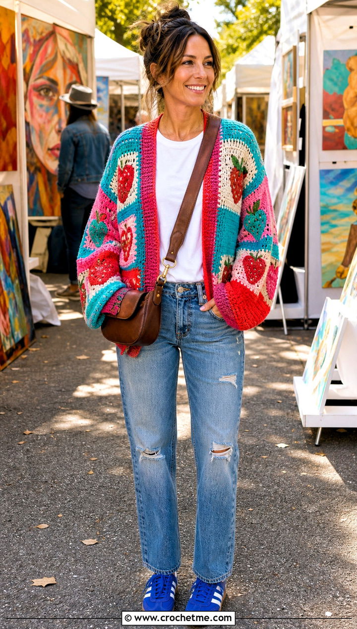 Strawberry Patchwork Cardigan With Distressed Jeans - 35 crochet strawberry cardigan outfit ideas