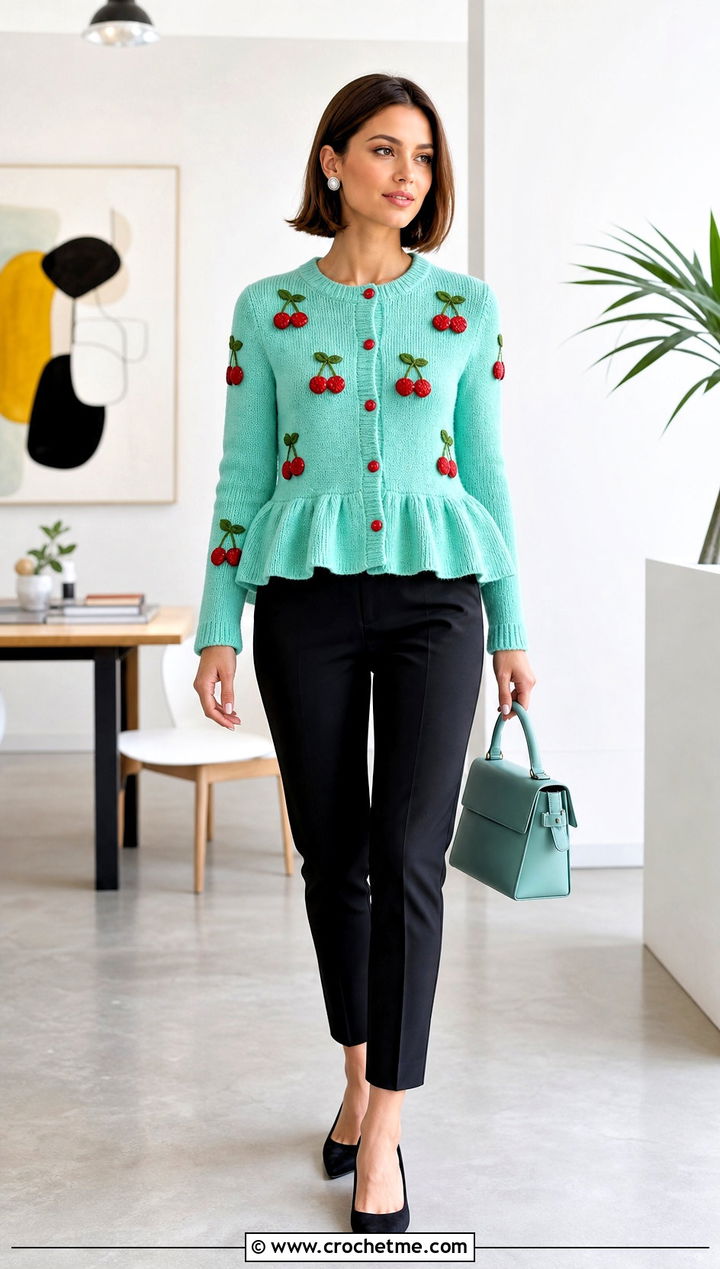 Strawberry Peplum Cardigan With Cigarette Pants - 35 crochet strawberry cardigan outfit ideas