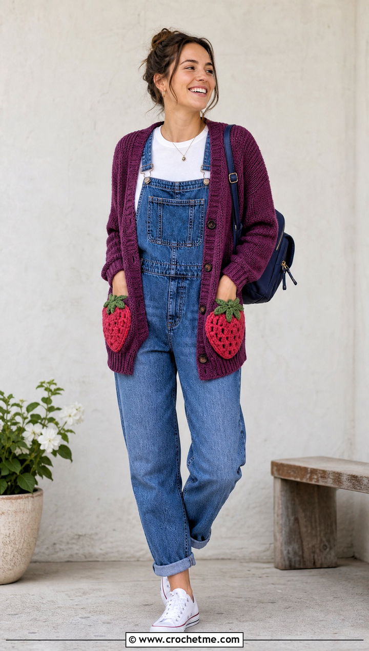 Strawberry Pocket Cardigan With Denim Overalls - 35 crochet strawberry cardigan outfit ideas