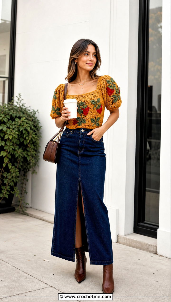 Strawberry Puff Sleeve Top With Denim Maxi Skirt - 25 Crochet Strawberry Top outfit ideas