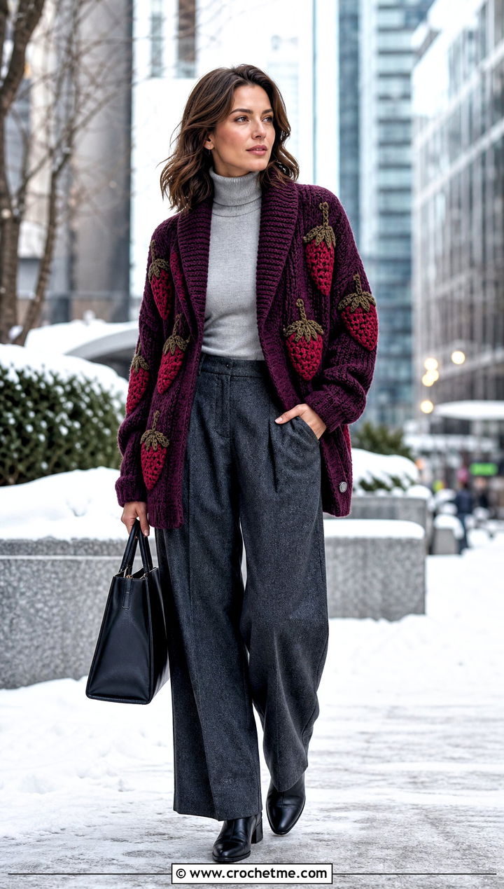 Strawberry Shawl Collar Cardigan With Wool Trousers - 35 crochet strawberry cardigan outfit ideas