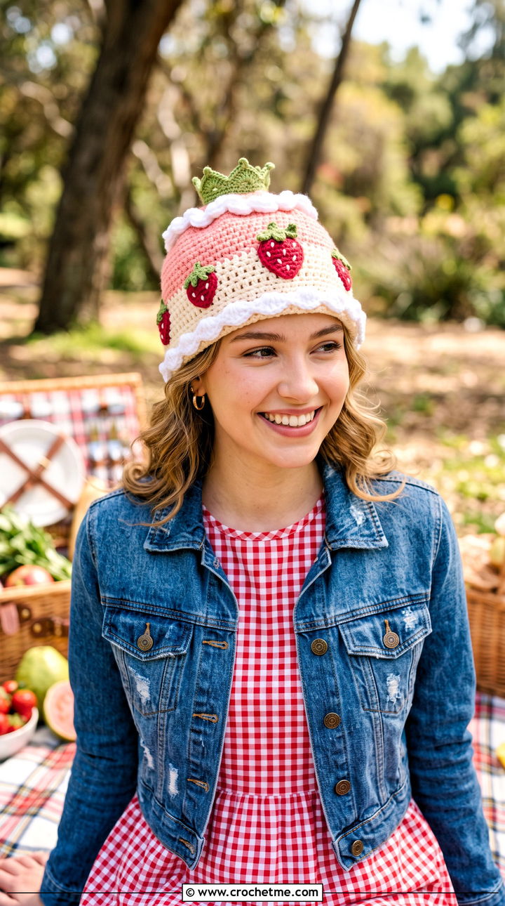 Strawberry Shortcake Beanie With Gingham Dress - 30 Crochet Strawberry Beanie outfit ideas