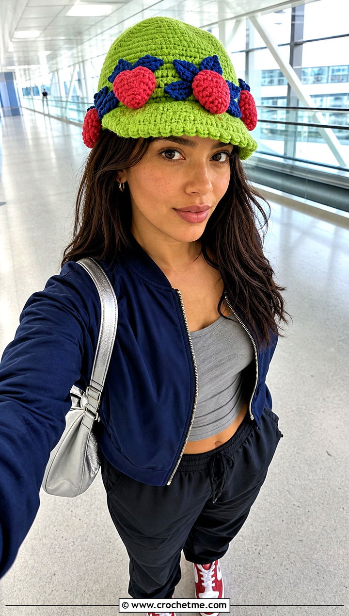 Strawberry Shortcake Brimmed Cap With Bomber Jacket - 30 Strawberry Shortcake Crochet Hat outfit ideas