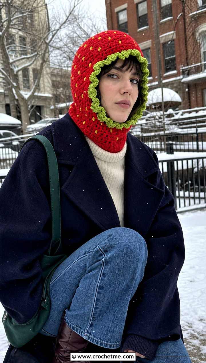 Strawberry Shortcake Crochet Balaclava With Wool Coat - 30 Strawberry Shortcake Crochet Hat outfit ideas
