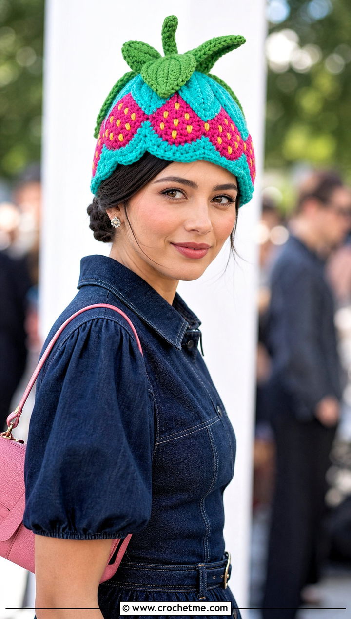 Strawberry Shortcake Leaf Top Hat With Denim Midi Dress - 30 Strawberry Shortcake Crochet Hat outfit ideas