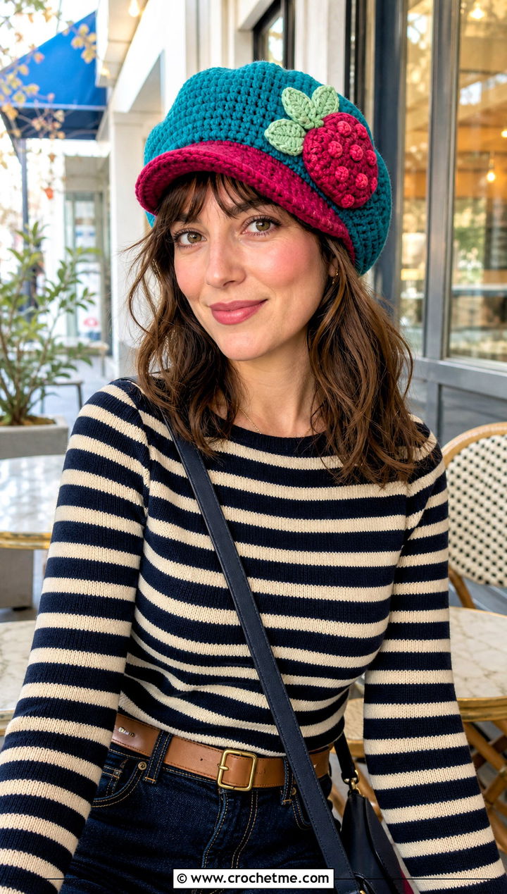 Strawberry Shortcake Newsboy Hat With Striped Knit Top - 30 Strawberry Shortcake Crochet Hat outfit ideas