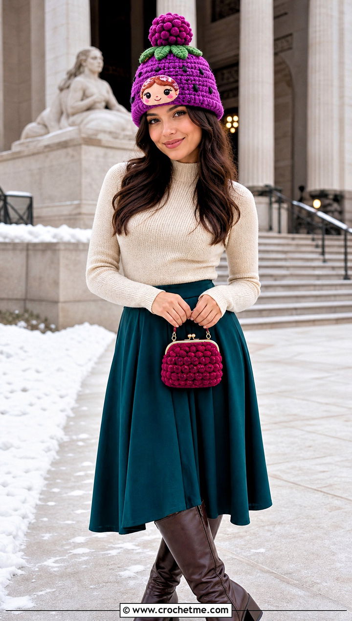Strawberry Shortcake Pom Pom Hat With Sweater And Midi Skirt - 30 Strawberry Shortcake Crochet Hat outfit ideas