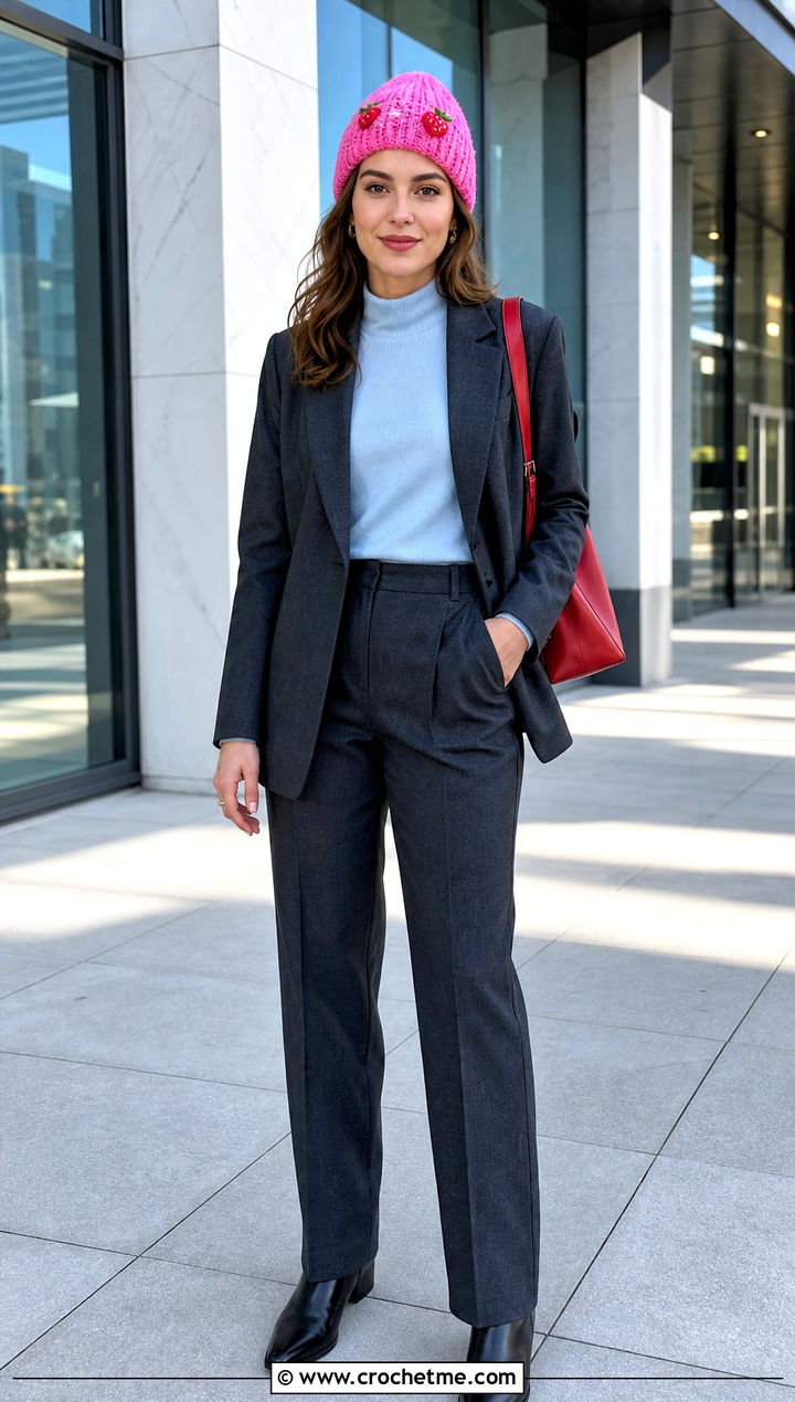 Strawberry Shortcake Ribbed Beanie With Office Suit - 30 Strawberry Shortcake Crochet Hat outfit ideas