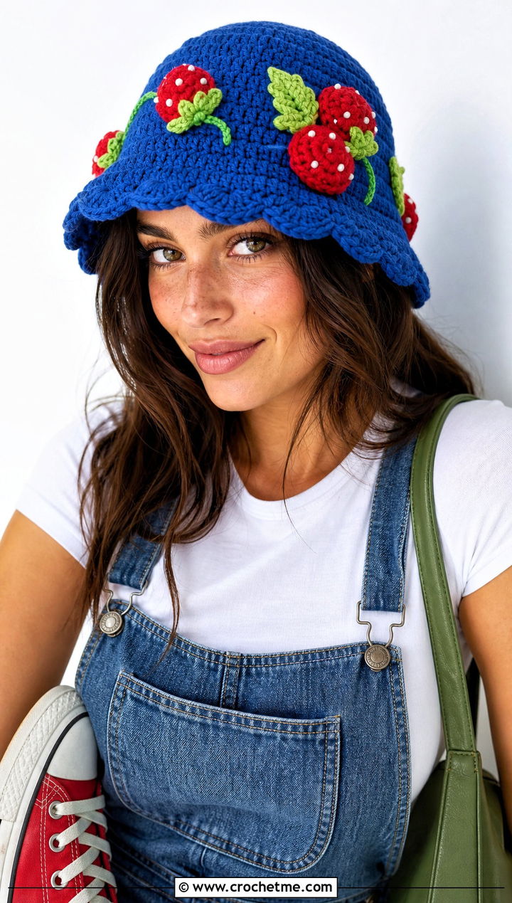 Strawberry Shortcake Scalloped Brim Hat With Denim Overalls - 30 Strawberry Shortcake Crochet Hat outfit ideas