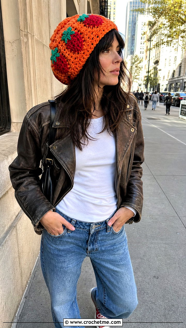 Strawberry Shortcake Slouchy Beanie With Leather Jacket - 30 Strawberry Shortcake Crochet Hat outfit ideas