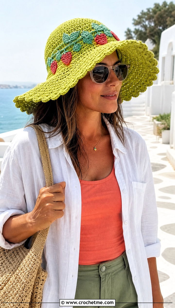 Strawberry Shortcake Sun Hat With Linen Shirt And Shorts - 30 Strawberry Shortcake Crochet Hat outfit ideas