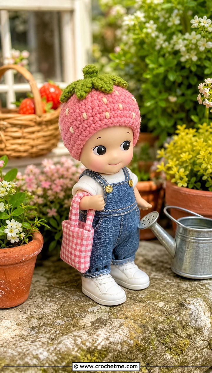 Strawberry Sonny Angel Crochet Hat With Denim Overalls - 30 sonny angel crochet hat outfit ideas
