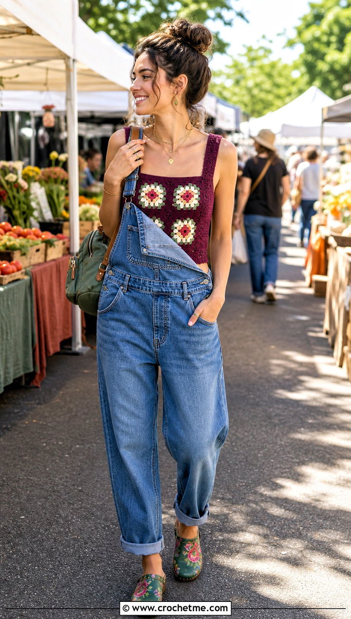 Strawberry Square Neck Top With Denim Overalls - 25 Crochet Strawberry Top outfit ideas