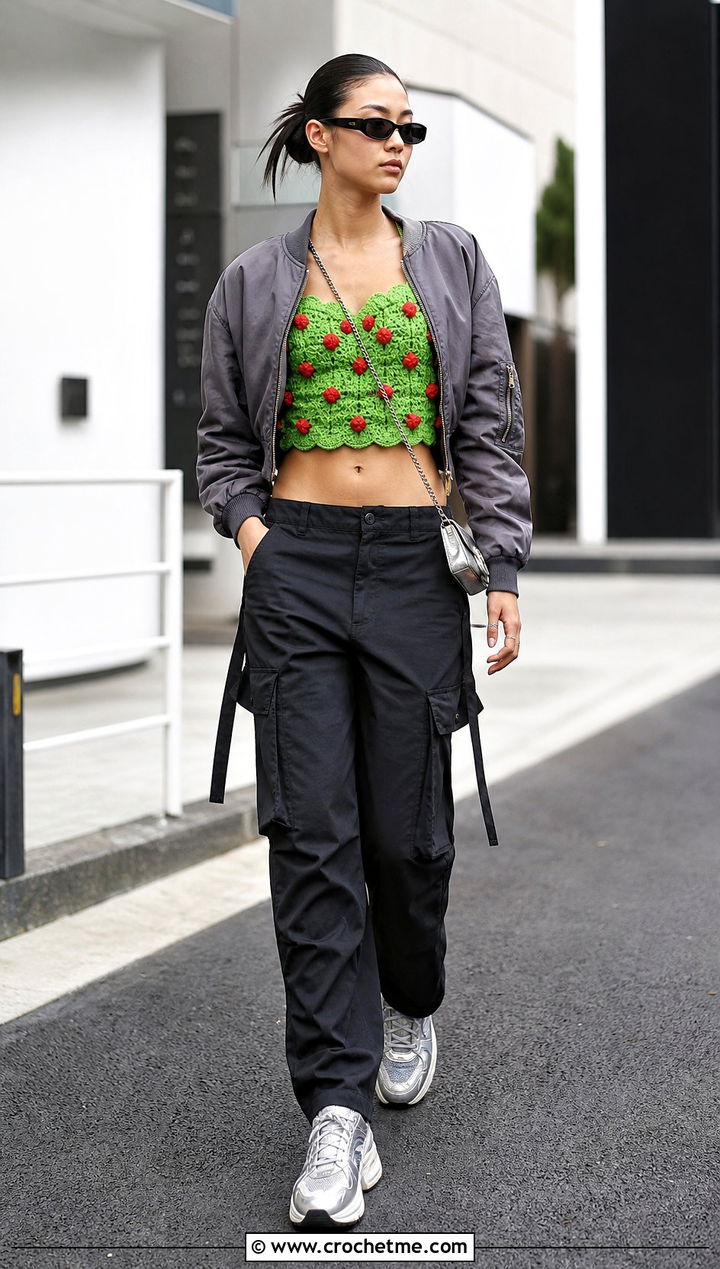Strawberry Stitch Bustier Top With Cargo Pants - 25 Crochet Strawberry Top outfit ideas