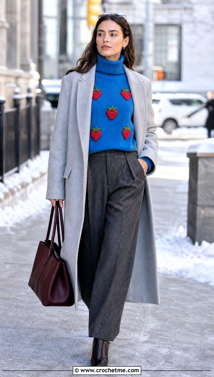 Strawberry Turtleneck Top With Wool Trousers - 25 Crochet Strawberry Top outfit ideas