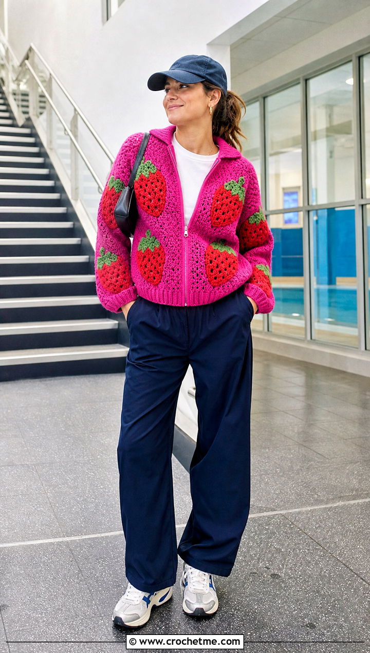 Strawberry Zip Cardigan With Track Pants - 35 crochet strawberry cardigan outfit ideas