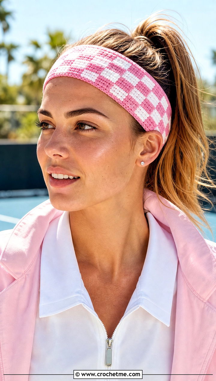 Stretch Crochet Checkered Headband With Tennis Dress And Sneakers - 25 crochet checkered headband outfit ideas
