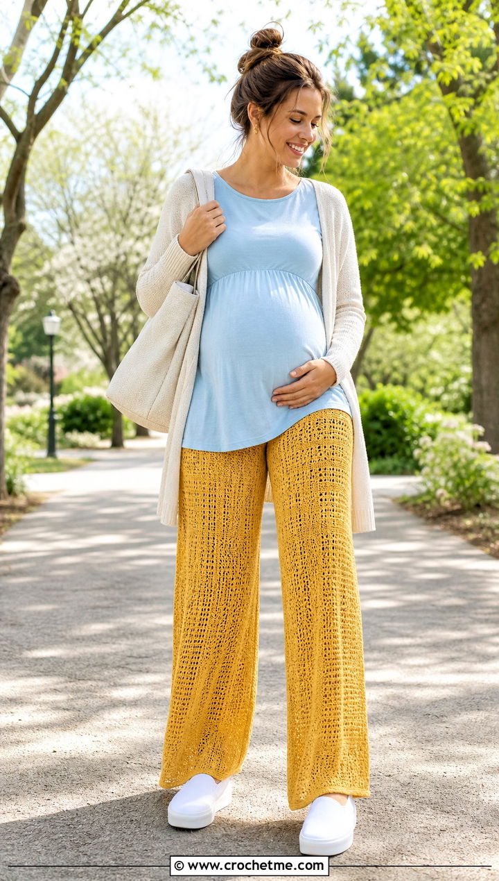 Stretch Waist Crochet Wide Leg Pants With Maternity Tunic - 25 crochet wide leg pants outfit ideas