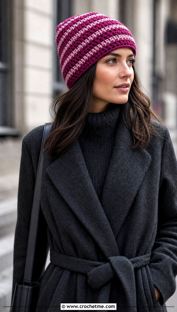 Striped Alpine Stitch Beanie With Monochrome Outfit - 15 Alpine Stitch Crochet Hat outfit ideas