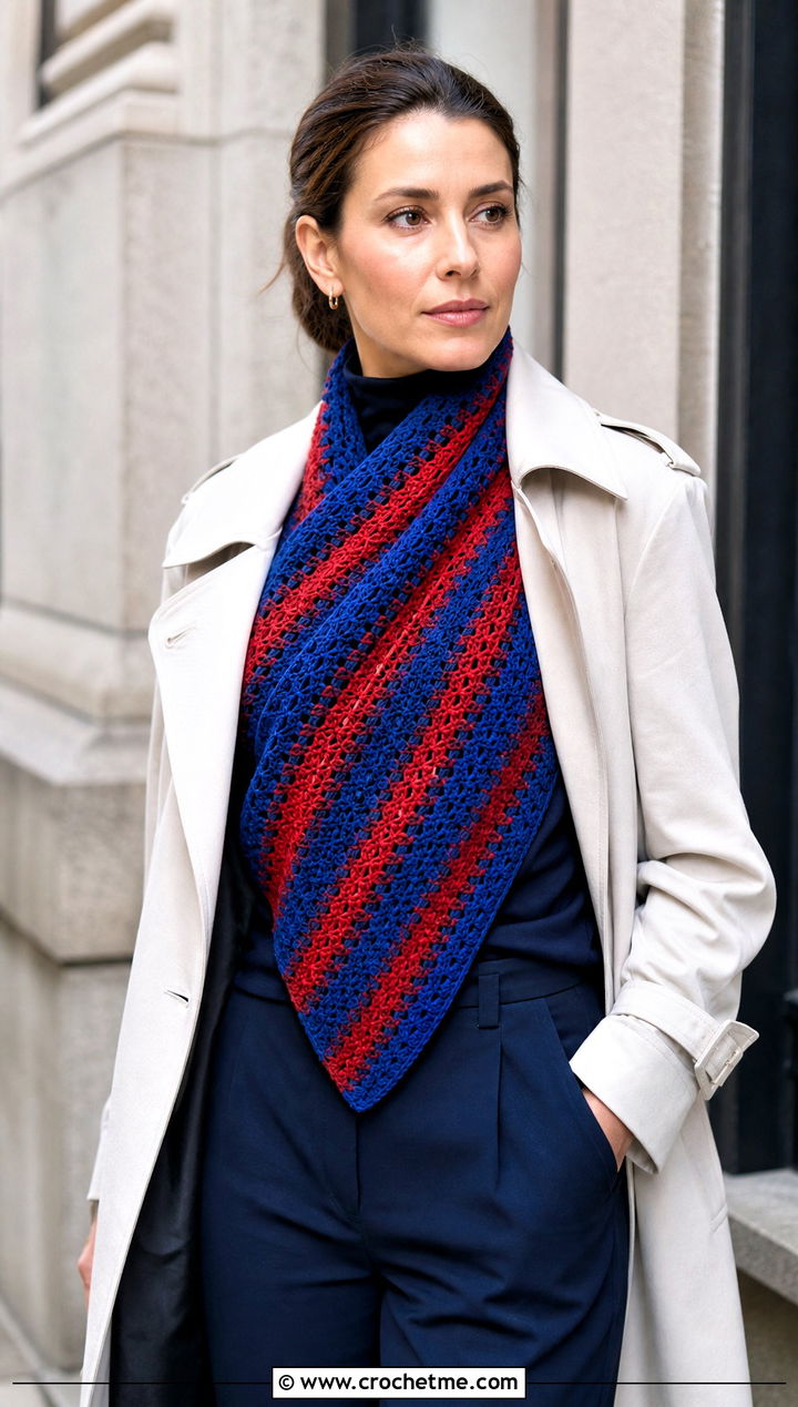 Striped Asymmetrical Crochet Shawl With Trench Coat And Trousers - 30 asymmetrical crochet shawl outfit ideas